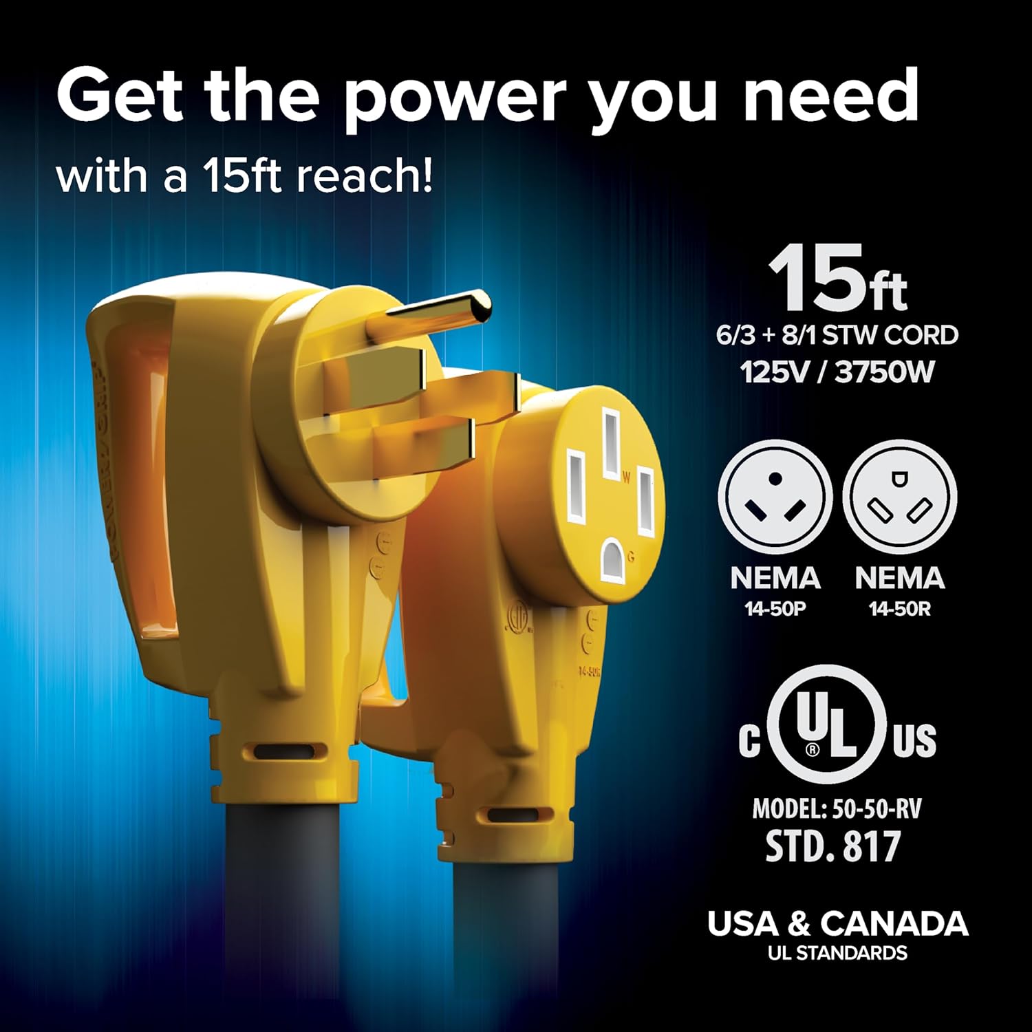 Camco PowerGrip 50-Amp 15-Foot RV Extension Cord 55194 for Motorhomes & Travel Trailers