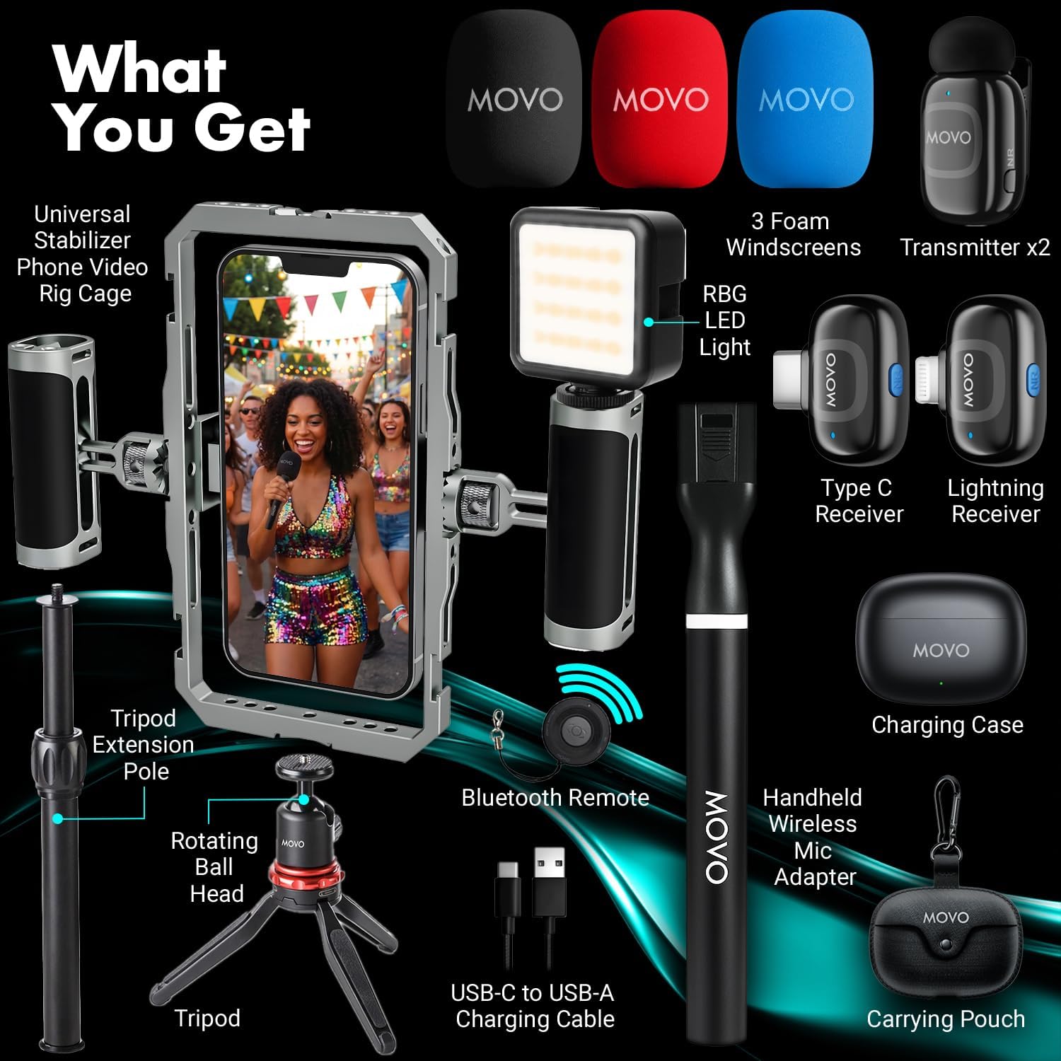 Movo V7 Smartphone Video Rig with Stereo Microphone, LED Light and Grip Handle