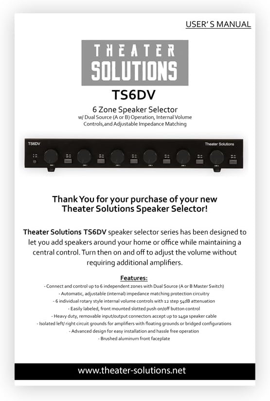 Theater Solutions TS6DV Dual Input 6 Zone Speaker Selector Box with Volume Controls