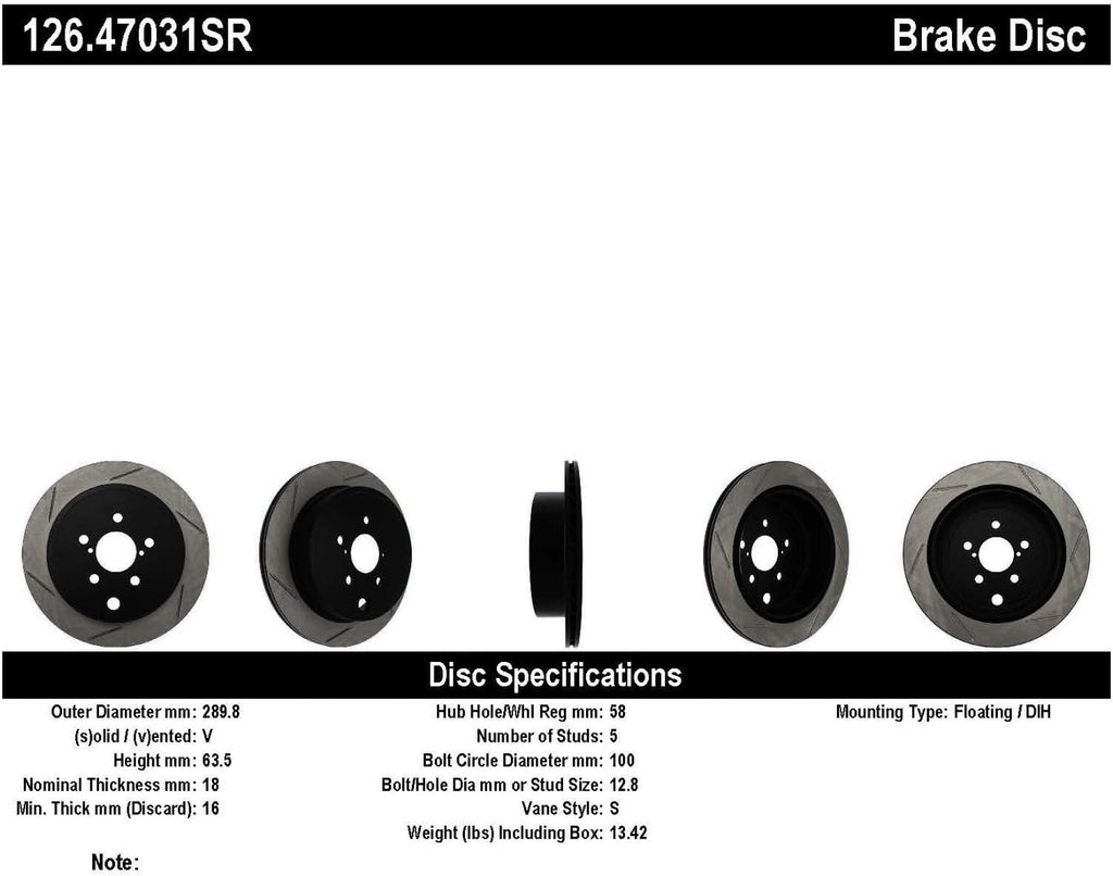 StopTech Slotted Rear Right Brake Rotor 126.47031SR for 13-18 Subaru BRZ & 10-14 Legacy