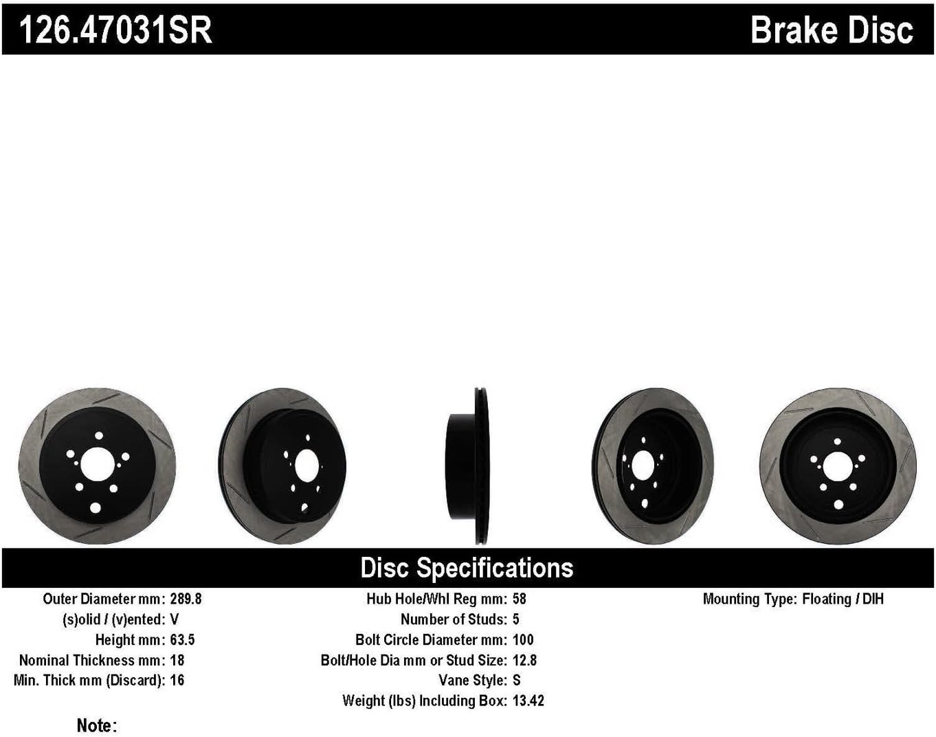 StopTech Slotted Rear Right Brake Rotor 126.47031SR for 13-18 Subaru BRZ & 10-14 Legacy