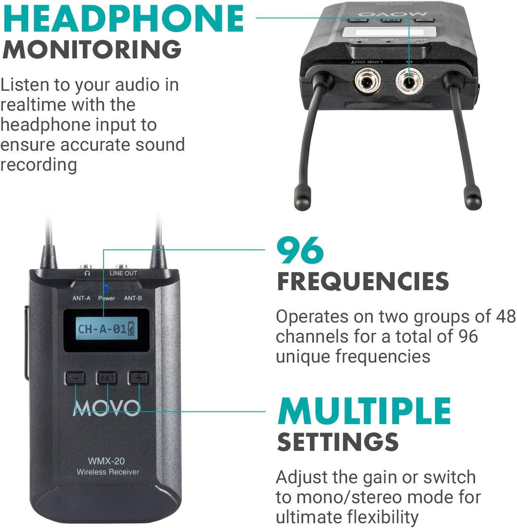Movo WMX-20-DUO 48-Channel UHF Wireless Lavalier Microphone System with 2 Transmitters