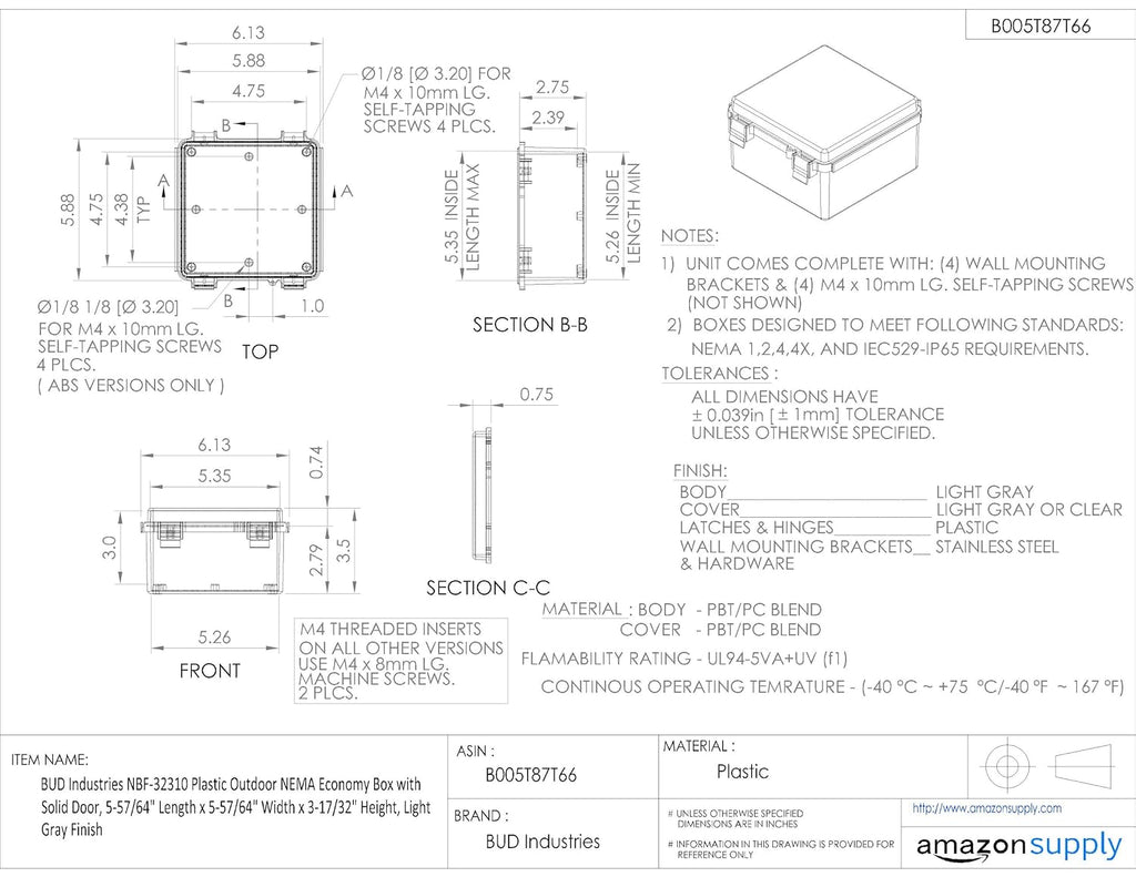 Bud Industries NBB-15245 NEMA 4X Plastic Enclosure 13x13 for Universal Automotive & RV Electrical